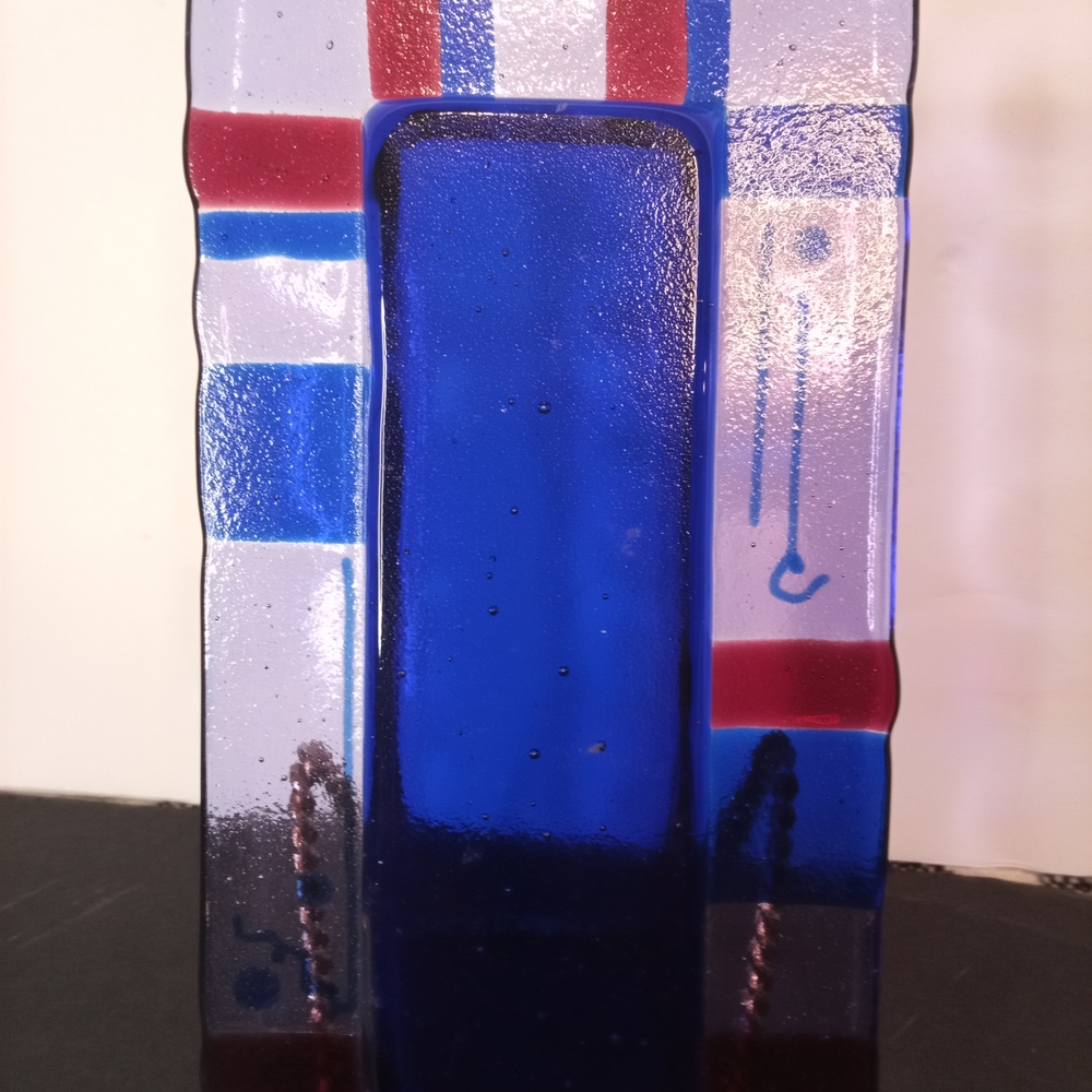Vibrant Blue and Red Fused Glass Art Sculpture